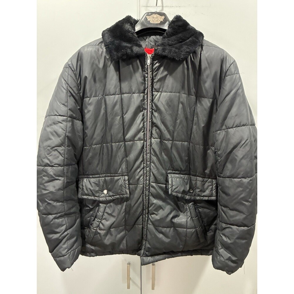 Vtg 70s Dakota Black Quilted Puffer Jacket XL XXL Ranchcore Workwear Faux Fur